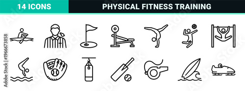 Minimalist monoline geometric line art depicting various olympic sports, fitness training equipment, and competitive athletic activities.