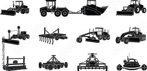 Heavy construction vehicle silhouettes: graders, bulldozers, tractors, and compactors, heavy equipment
