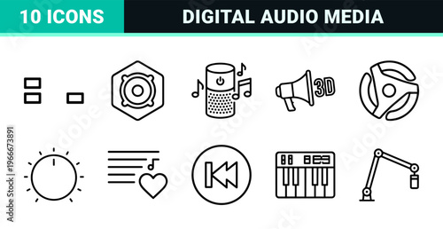 Audio and Sound Technology Linear Icon Set featuring Minimalist Monoline Geometric Outlines for Professional Digital Media Production.