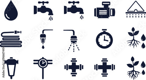 Water drop and irrigation system icons: faucets, hose, timer, plants, watering can, water supply, save water