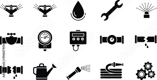 Plumbing and irrigation icon set: sprinklers, valves, pipes, wrench, and watering can, flat design