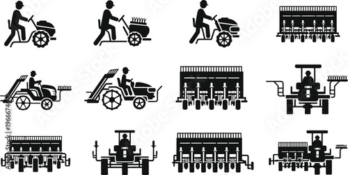 Agricultural machinery icons: farming equipment silhouettes for planting and cultivation with black and white