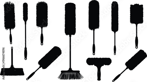 Cleaning tools silhouettes: dusters, brooms, and mops for household chores, cleaning supplies, black and white