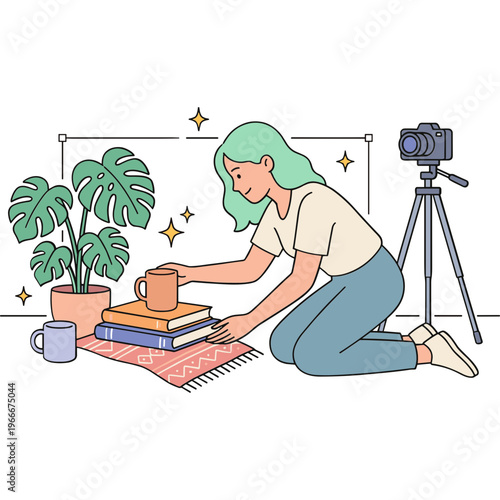 A woman with green hair kneels on a rug arranging books and mugs next to a plant and camera on a tripod indoors.