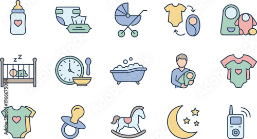 baby care icons set newborn parenting essentials diaper feeding sleep bath toys clothing infant vector illustration collection