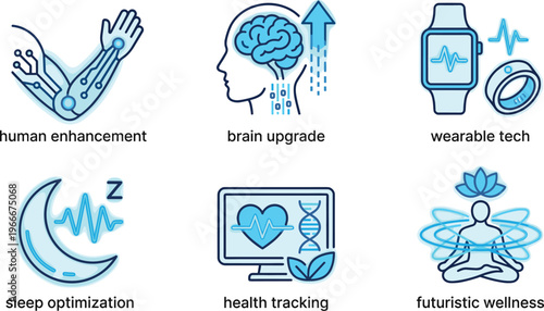 biohacking health tech icons human enhancement brain upgrade wearable tech sleep optimization health tracking futuristic wellness vector illustration set
