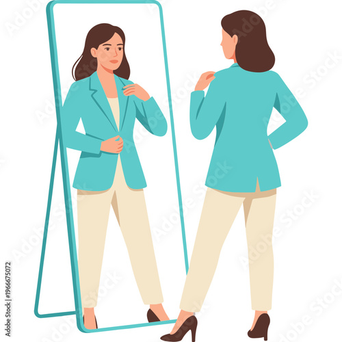Woman trying on jacket in front of mirror indoors at home