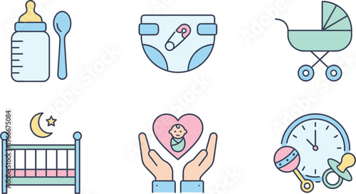 baby care icons minimal newborn essentials feeding diaper stroller sleep parenting infant vector illustration clean modern design set