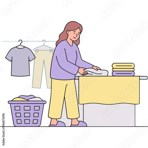 Woman ironing clothes on a board with a basket nearby indoors