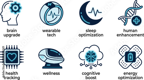 biohacking icons brain upgrade wearable tech sleep optimization human enhancement health tracking cognitive boost energy optimization vector illustration