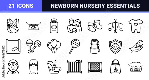 Infant Care Essentials and Nursery Equipment Monoline Outline Symbols for Commercial Parenting Applications and Pediatric Healthcare Interfaces