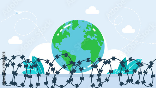 Planet Earth globe behind sharp barbed wire fence, representing global environmental protection, world borders, migration crisis, geopolitical restrictions or censorship. Vector illustration.