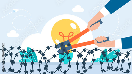 Hands using heavy duty bolt cutters to cut barbed wire around a light bulb, representing breaking through creative blocks, freeing new ideas and overcoming censorship. Vector illustration.