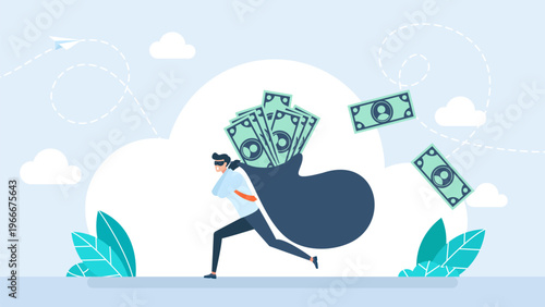 Thief in mask running away and carrying a huge heavy bag full of money bills, representing financial crime, bank robbery, cash theft, inflation or economic crisis. Vector illustration.
