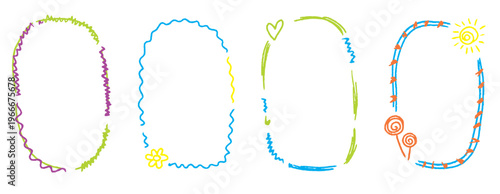 Clean hand drawn borders with soft chalk texture. Crayon kindergarten frame set perfect for kids design, certificates and photo frames.