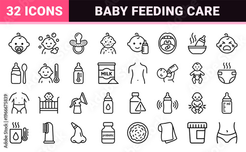 Infant Digestive Health and Pediatric Feeding Problems Minimalist Geometric Line Art Outline Symbols for Healthcare and Parent Apps.