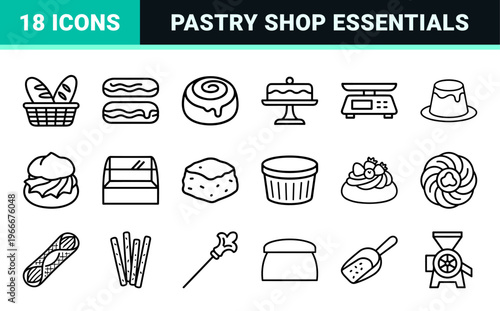 Bakery and Pastry Arts Ultra Minimalist Monoline Geometric Line Art Symbols for Commercial Branding and Menu Design Applications