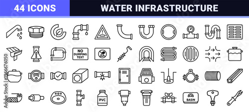 Professional Plumbing and Industrial Drainage System Icons in Minimalist Geometric Line Art Style for Engineering and Home Maintenance