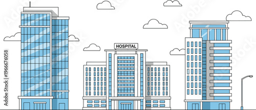 Modern hospital building skyline line art illustration with urban cityscape healthcare architecture medical center exterior vector design concept