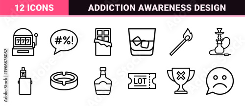Bad Habits and Addiction Prevention Line Icons. Minimalist monoline geometric symbols for healthcare, mental wellness, and social issues.