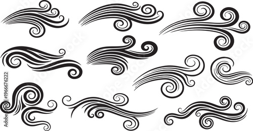 Collection of black swirly abstract decorative design elements set