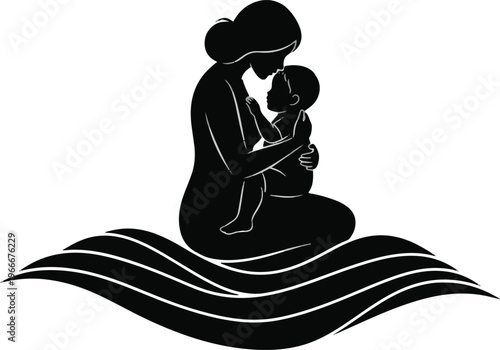 Mother and child silhouette sitting on waves, maternal love and connection symbol.