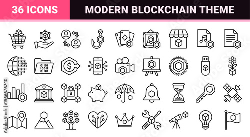 Blockchain Technology and Digital Asset Security Icon Set Featuring Minimalist Monoline Geometric Outlines for Fintech and Web3 Apps