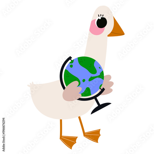 Adorable cartoon baby goose holding a global map sphere for kids geography education and world studies lessons