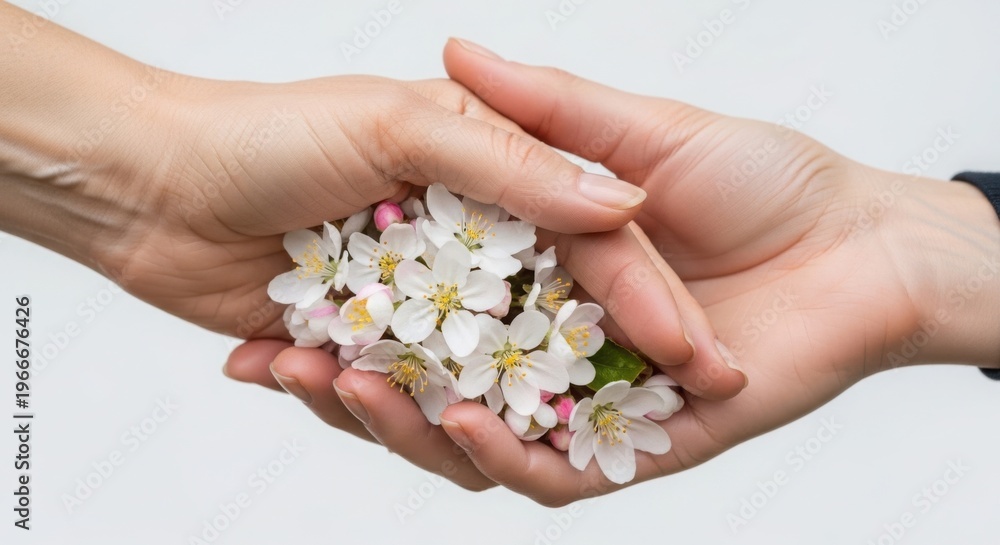 Fototapeta premium Hands holding delicate spring flowers with vibrant petals and green leaves. Spring flowers symbolize hope and renewal, creating a heartwarming connection for thoughtful gifts.
