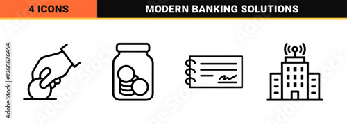 Fintech and Digital Banking Monoline Icon Set with Ultra Minimalist Geometric Outlines for Commercial Finance and Online Transaction Interfaces