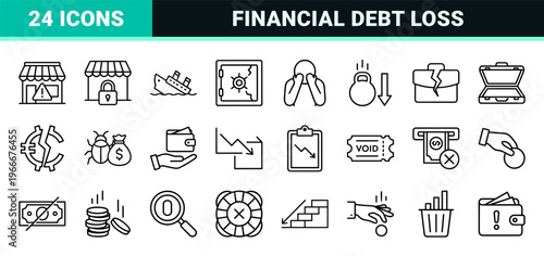 Minimalist Monoline Bankruptcy and Economic Crisis Icon Set Featuring Clean Geometric Line Art for Financial Loss and Debt Management.