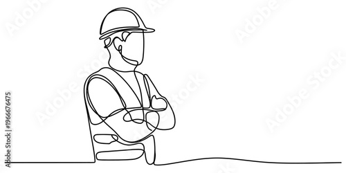 A single continuous line drawing of a construction worker wearing a safety helmet and vest gear. Vector, illustration