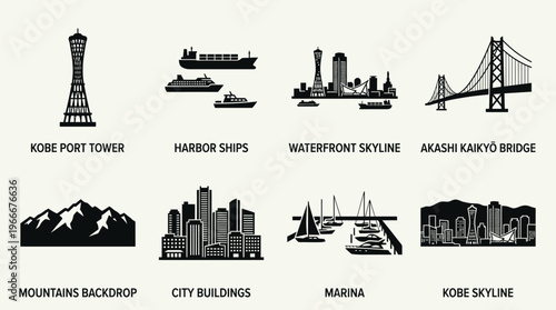 Kobe Landmarks and Maritime Skyline Silhouette Vector Icon Set – Sleek Vectors Featuring Kobe Port Tower, Harbor Ships, Akashi Bridge, Marina, and City Views in Minimalist Black Profiles