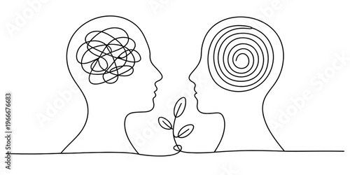 A minimalist line art drawing depicting two human heads with different mental states and growth Vector, illustration