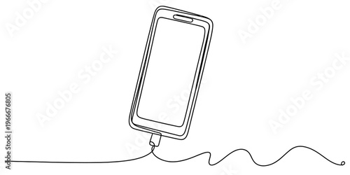 A continuous single line drawing of a modern smartphone connected to a long wavy charging cable. Vector, illustration
