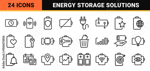 Energy Storage and Battery Power Management Line Art Featuring Minimalist Geometric Monoline Symbols for Mobile UI and Web Design UX