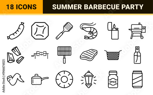 BBQ Grill Linear Outline Icons Featuring Outdoor Cooking Equipment and Meat Products in Minimalist Monoline Geometric Line Art Style.