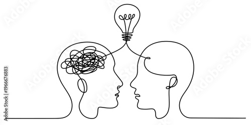 A single line drawing of two heads connecting a tangled brain to a glowing light bulb idea concept Vector, illustration