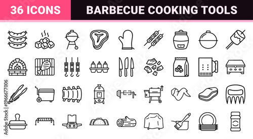 Outdoor BBQ and Grilling Equipment Minimalist Monoline Line Art Graphics for Culinary Design and Restaurant Menu Interface Elements