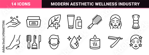 Minimalist Monoline Beauty and Cosmetic Wellness Icon Set Featuring Geometric Line Art for High-End Spa and Skincare UI Design