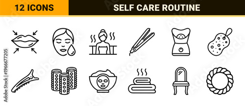 Beauty and Wellness Minimalist Monoline Icons Featuring Spa, Skincare, and Cosmetic Symbols in a Sophisticated Geometric Line Art Aesthetic.