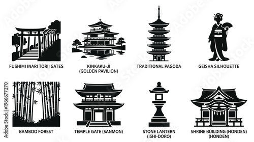Kyoto Landmarks and Traditional Japanese Culture Silhouette Vector Icon Set – Elegant Vectors Featuring Torii Gates, Pagodas, Temples, Bamboo Forests, and Geisha in Minimalist Black Profiles