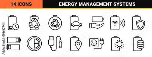Minimalist Monoline Battery and Power Energy Icon Set featuring Geometric Line Art for Sustainable Technology and Electric Vehicle Interface.