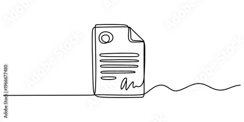 A single continuous line drawing of a formal document with a signature and a seal on white background Vector, illustration