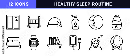 Bedtime and Sleep Hygiene Minimalist Monoline Icon Set featuring Geometric Line Art for Healthy Nightly Routines and Wellness Apps.