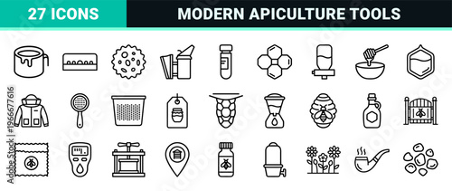 Beekeeping and Honey Production Minimalist Monoline Outline Icons Representing Apiculture Equipment and Organic Natural Products.
