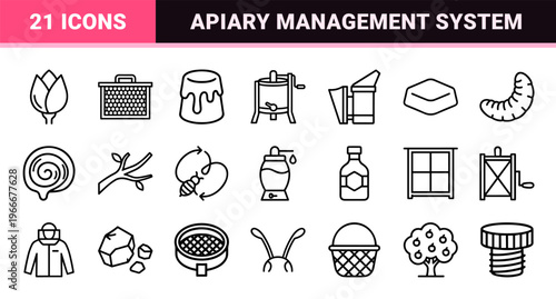 Minimalist Beekeeping and Honey Production Line Art Featuring Apiary Equipment and Organic Nectar Symbols in Crisp Geometric Monoline Style