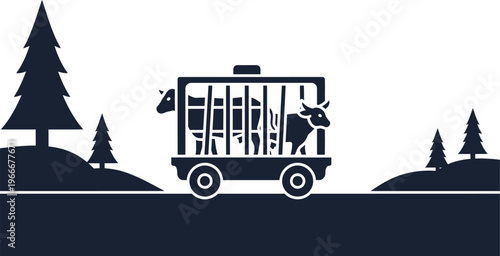 Livestock trailer silhouette with animals - transportation icon for agriculture with black and white