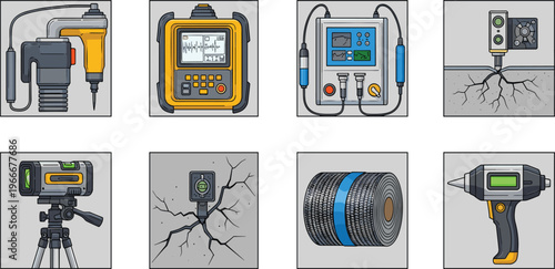 Concrete Inspection and Repair Equipment Set Featuring Testing Devices, Crack Measurement Tools, Injection Systems, and Construction Diagnostics Instruments