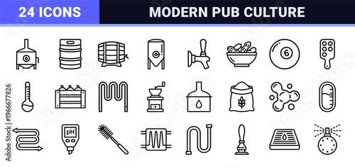 Craft Brewery and Pub Culture Minimalist Monoline Outline Symbols for Professional Beverage Industry Branding and Digital Interface Design.